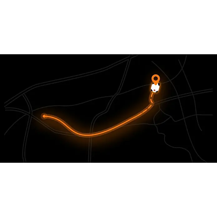 Mammotion Mähroboter Luba Mini AWD 1500 - 1.500 m², Schnittbreite: 200 mm, Satellitengestützte Navigation, RTK - Eine beleuchtete Route auf einer dunklen Karte mit einem Ziel-Pin, die eine Navigation oder Lieferung hervorhebt.