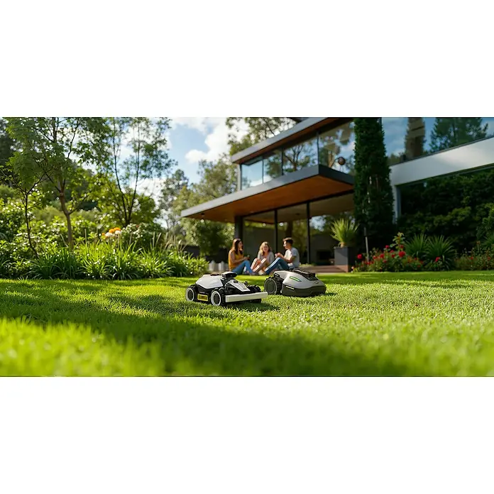 Mammotion Mähroboter Luba Mini AWD 1500 - 1.500 m², Schnittbreite: 200 mm, Satellitengestützte Navigation, RTK - Zwei Rasenmähroboter auf einem grünen Rasen vor einem modernen Haus, während drei Personen sich im Hintergrund entspannen.