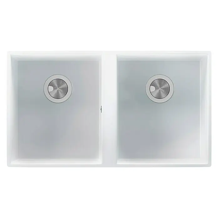 Atron Fregadero encastrable Flow - 42,5 x 74,5 cm, Material compuesto, Blanco - Fregadero de doble seno con dos recipientes y desagües redondos para la cocina.
