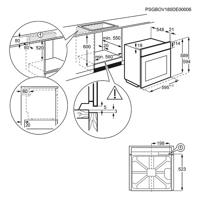 AEG Horno empotrado BEE435111M - Número de tipos de calentamiento: 9 ud., Volumen horno: 72 l - Diagrama de instalación de un horno empotrado con dimensiones, que muestra las medidas y los espacios libres correctos para un funcionamiento seguro.