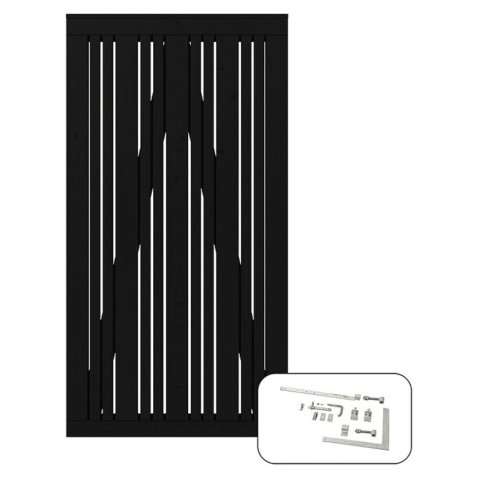 Plus Zauntor Tangent inkl. Beschläge (95 x 180 cm, Schwarz (RAL 9005), Holz) | BAUHAUS