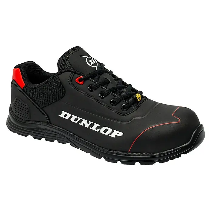 Dunlop Zapato bajo de seguridad Matt - 44, Clase de protección según EN ISO 20345: S3, Negro - Zapato de seguridad negro Dunlop con detalles rojos y logotipo de la marca para una protección óptima en el trabajo.