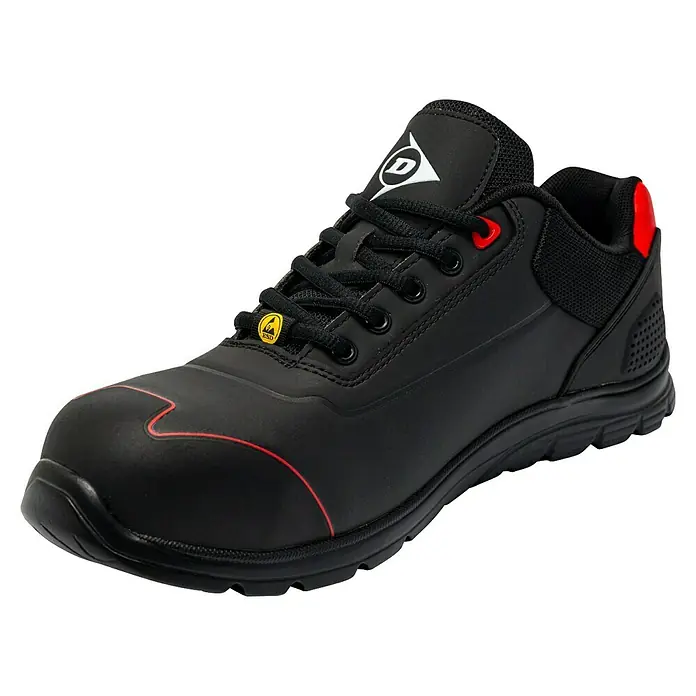 Dunlop Zapato bajo de seguridad Matt - 44, Clase de protección según EN ISO 20345: S3, Negro - Zapato de seguridad Dunlop negro con detalles en rojo y protección ESD para un trabajo seguro.