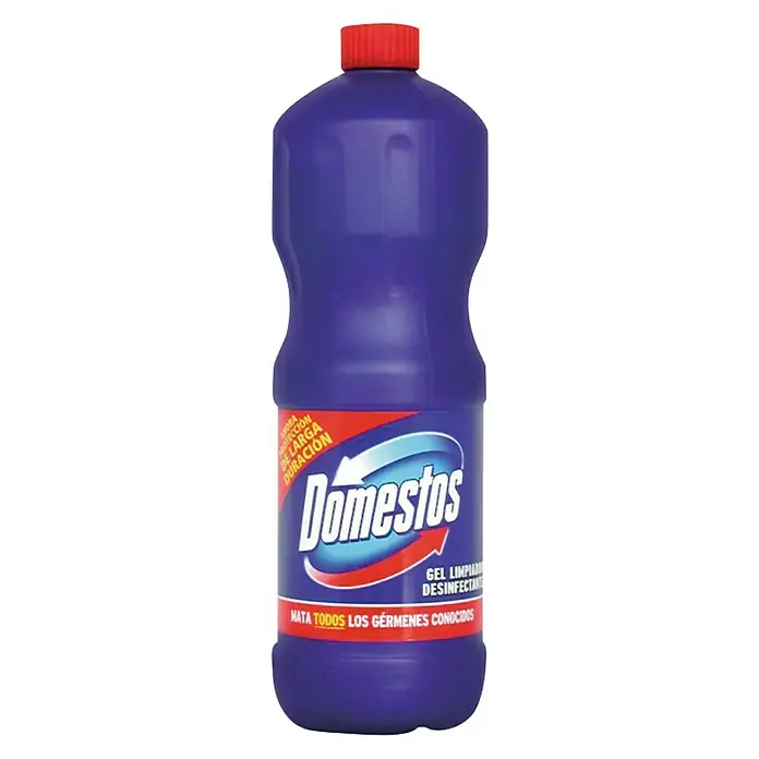 Gel de limpieza desinfectante - 1,25 l, Botella - Limpiador Domestos en una botella de plástico azul con tapón rojo, para una limpieza y desinfección higiénica en el hogar.