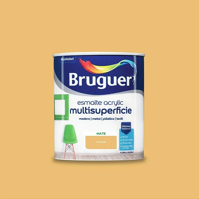 Bruguer Esmalte de color Acrylic Multisuperficie - Mostaza, Mate, 750 ml, Base de agua - Bote de pintura acrílica multi superficie Bruguer color mostaza, apta para madera, metal, plástico y textiles, con alta resistencia y fácil limpieza.