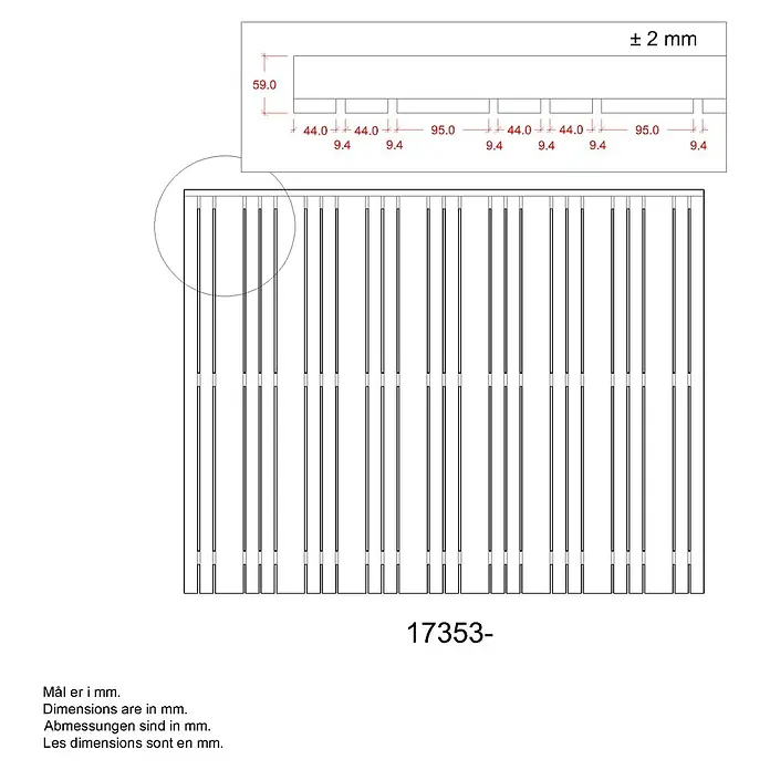 Plus Sichtschutzelement Tangent - 180 x 140 cm, Umbragrau (RAL 7022) - Technische Zeichnung eines Produkts mit Maßangaben in Millimetern, inklusive Toleranzangaben und Materialstärke.