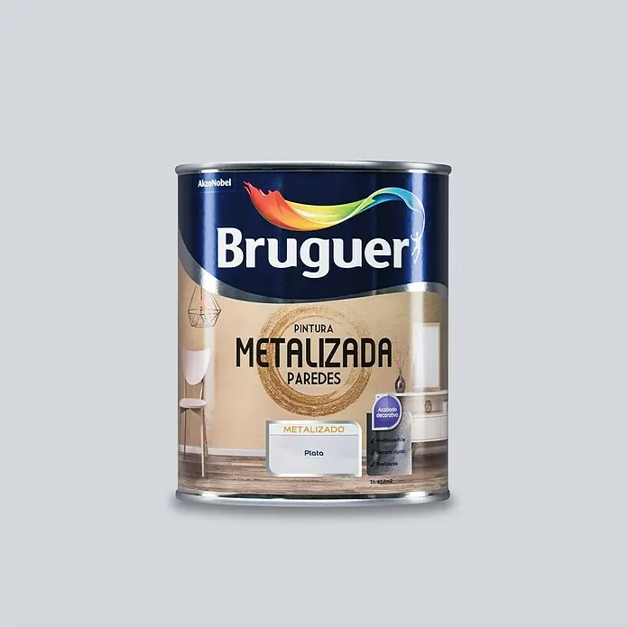 Bruguer Pintura para efectos decorativos metalizada paredes - Plata, Brillante, 1 l - Bote de pintura para paredes Bruguer Metalizada en plata. Ideal para acentos decorativos con un acabado metálico, apto para varias superficies.
