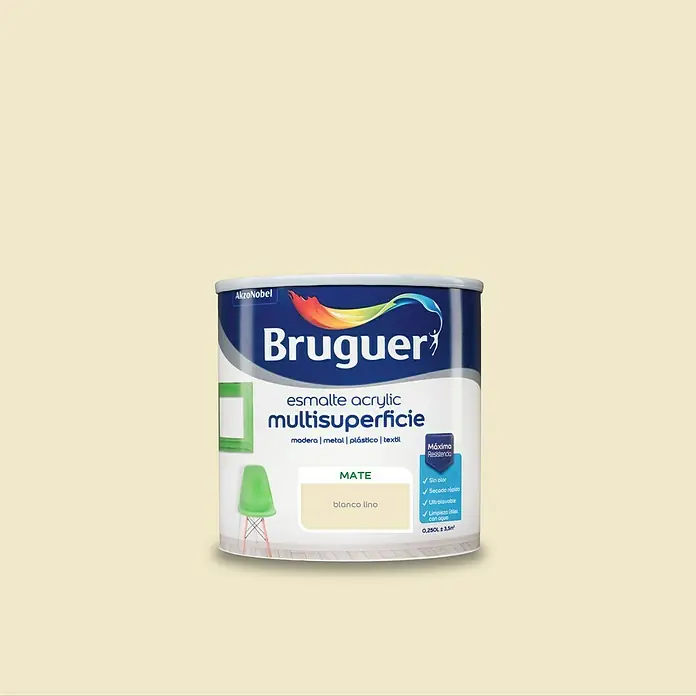 Bruguer Esmalte de color Acrylic Multisuperficie - Blanco Lino, Mate, 250 ml, Base de agua - Bote de pintura acrílica Multisuperficie Bruguer en color Blanco Lino, apta para madera, metal, plástico y textiles, para máxima resistencia.