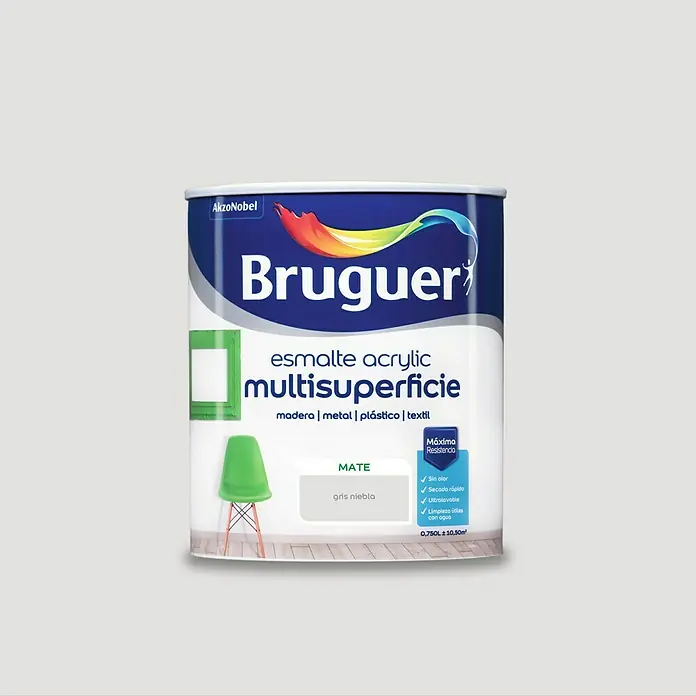 Bruguer Esmalte de color Acrylic Multisuperficie - Gris niebla, Mate, 750 ml, Base de agua - Pintura acrílica multi-superficie Bruguer en gris niebla: Acabado mate para madera, metal, plástico y textiles, sin olor y secado rápido.