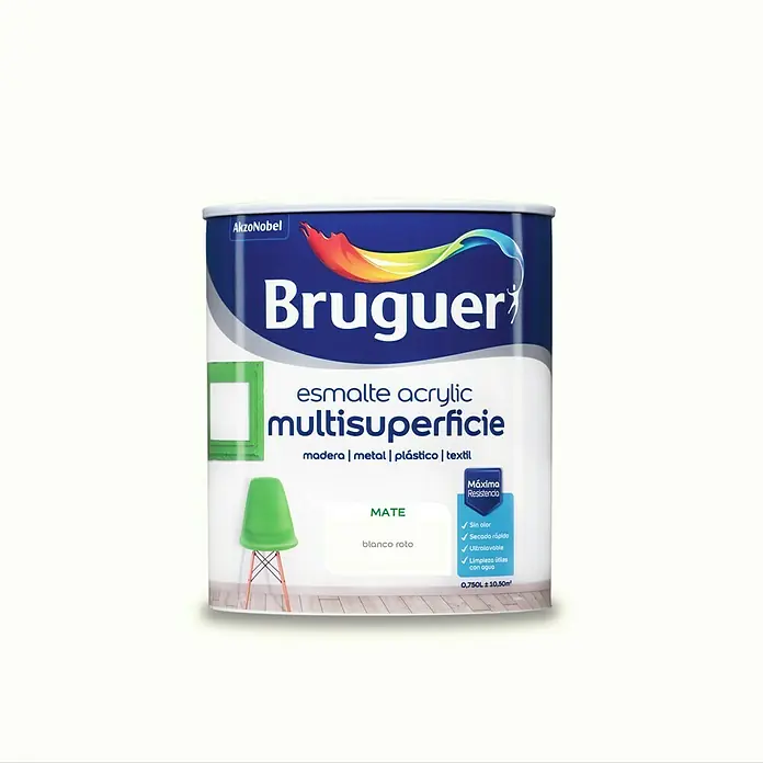 Bruguer Esmalte de color Acrylic Multisuperficie - Blanco Roto, Mate, 750 ml, Base de agua - Bote de esmalte acrílico multisuperficie Bruguer en blanco roto mate, ideal para madera, metal, plástico y textiles, con máxima resistencia y fácil limpieza.