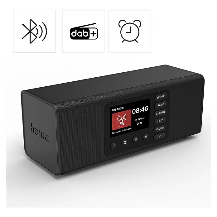 Hama Radio DR2002BT digital Bluetooth - 174.928 - 239.200 MHz (DAB/DAB+), Schwarz - Ein schwarzes Hama DAB+ Digitalradio mit Anzeige von 08:46 und 17. Januar 2024, sowie Bluetooth-, DAB+- und Wecker-Symbolen.
