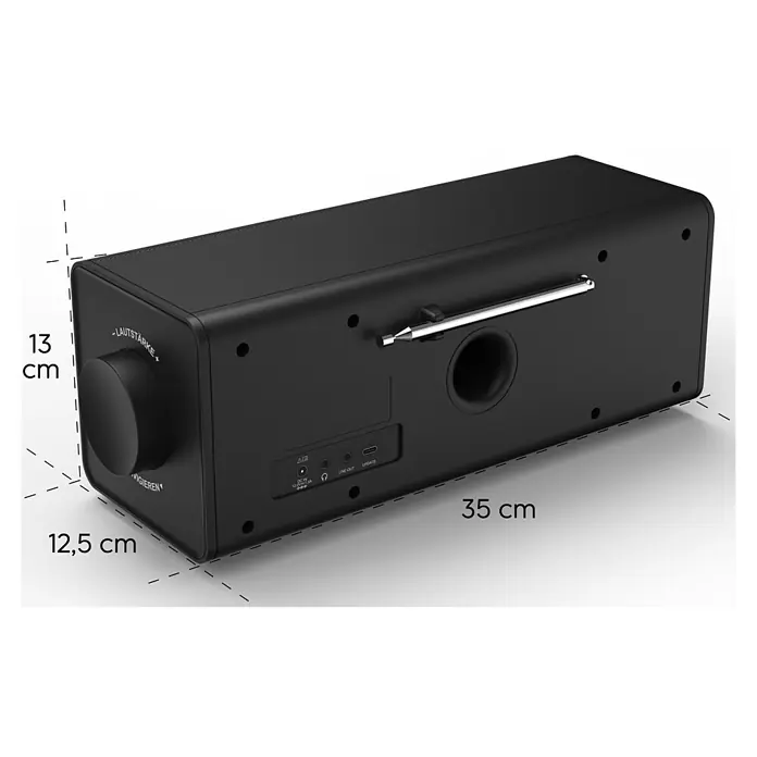 Hama Radio DR2002BT digital Bluetooth - 174.928 - 239.200 MHz (DAB/DAB+), Schwarz - Schwarzes rechteckiges Radio/Lautsprecher mit Lautstärkeregler, Teleskopantenne und Anschlüssen auf der Rückseite (DC in, line out).