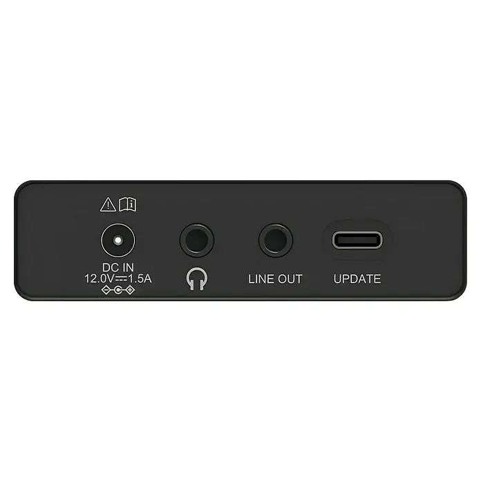 Hama Radio DR2002BT digital Bluetooth - 174.928 - 239.200 MHz (DAB/DAB+), Schwarz - Dunkelgraue Rückseite eines Elektronikgeräts mit DC IN (12V 1.5A), Kopfhörerausgang, Line-Out und USB-C 'UPDATE' Anschluss.