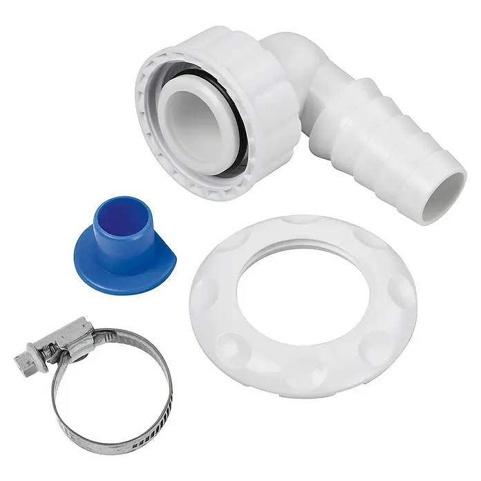 Xavax Anschlussstück - Passend für: Wandeinbau-Siphons - Set weißer Kunststoff-Sanitärarmaturen (Winkel, Ring), ein blauer Stopfen und eine Metallschlauchklemme.