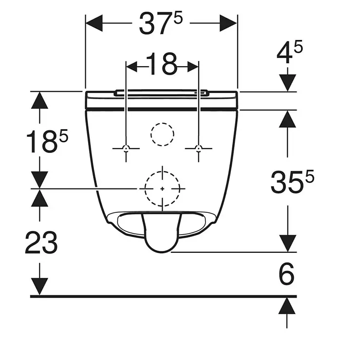 Geberit Wand-Dusch-WC-Set AquaClean Sela - Spülrandlos, Mit schmutzabweisender Glasur, Spülform: Tief, WC Abgang: Waagerecht, Weiß, Eckig - Technische Zeichnung einer wandhängenden Toilette mit Maßen.