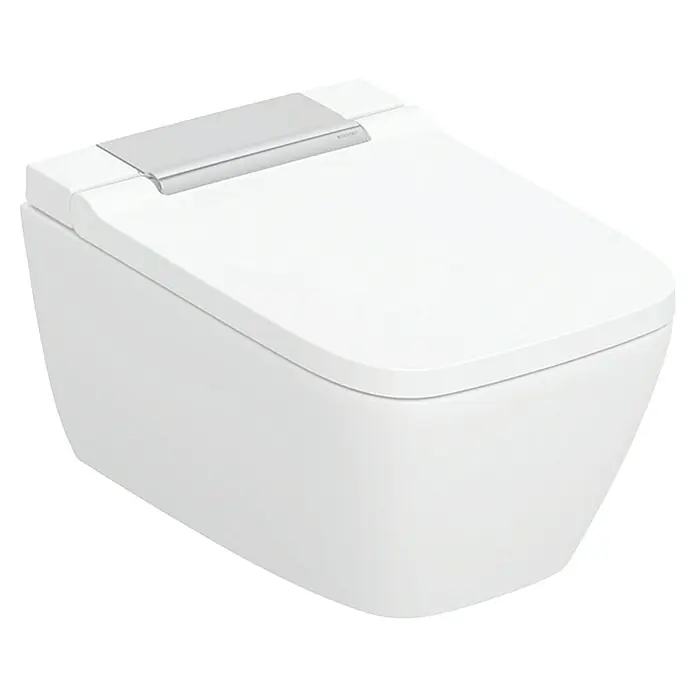 Geberit Wand-Dusch-WC-Set AquaClean Sela - Spülrandlos, Mit schmutzabweisender Glasur, Spülform: Tief, WC Abgang: Waagerecht, Weiß/Chrom, Eckig - Modernes weißes wandhängendes Dusch-WC mit integrierter Bidetfunktion und eleganten silbernen Akzenten.