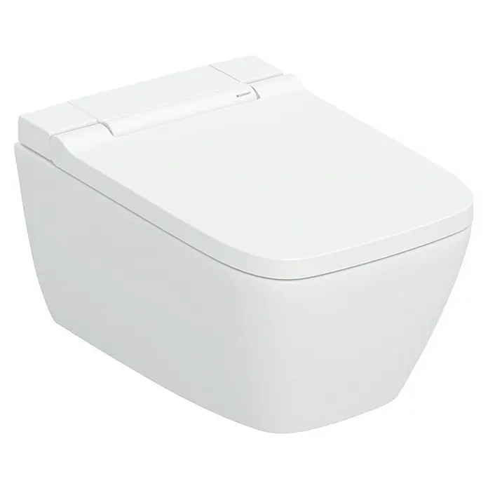 Geberit Wand-Dusch-WC-Set AquaClean Sela - Spülrandlos, Mit schmutzabweisender Glasur, Spülform: Tief, WC Abgang: Waagerecht, Weiß, Eckig - Modernes weißes wandhängendes Dusch-WC mit integrierter Bidetfunktion.
