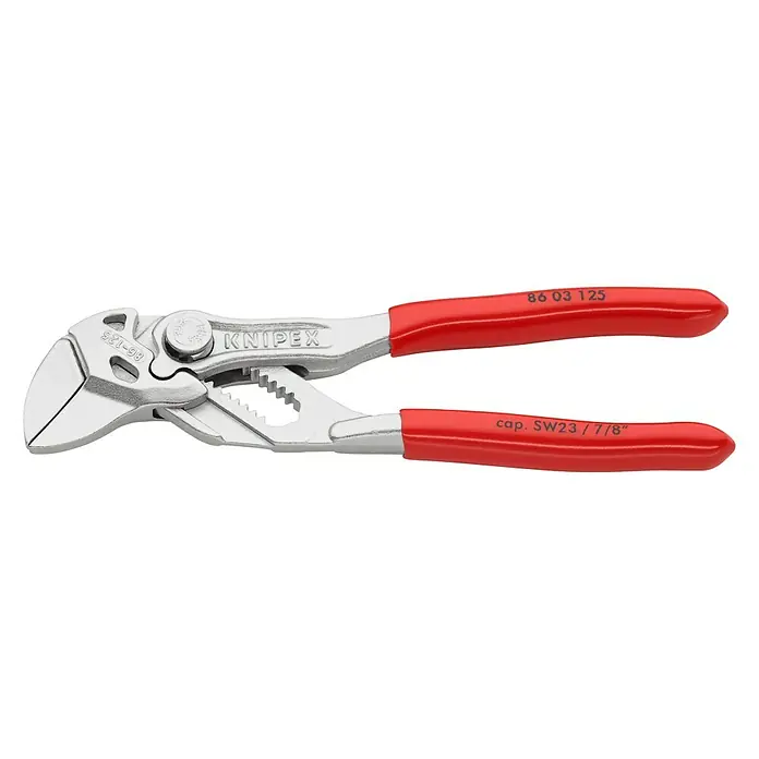 Knipex Alicates de pico de loro - Largo: 125 mm - Llave ajustable KNIPEX 86 03 125 con mangos rojos, ideal para trabajos de precisión y agarre suave de superficies.