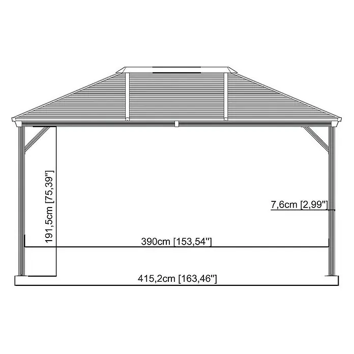 Sojag Standard-Pavillon Ventura 10 x 14 - B x T: 423 x 296 cm, Farbe Gestell: Anthrazit, Aluminium - Technische Zeichnung eines Pavillons mit Maßangaben in cm und Zoll für Bau oder Planung.