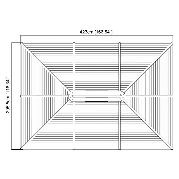 Sojag Standard-Pavillon Ventura 10 x 14 - B x T: 423 x 296 cm, Farbe Gestell: Anthrazit, Aluminium - Draufsicht des rechteckigen Pavillons mit Abmessungen für Breite und Länge.