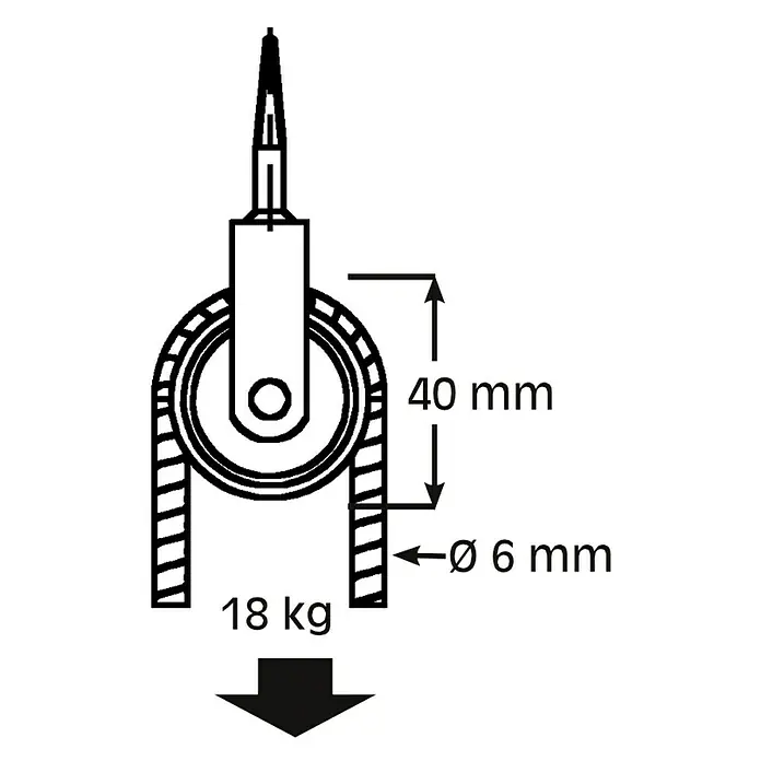 HBS Betz Seilrolle - Typ: Vogelseilrolle, Grauguss, Traglast: 18 kg, Durchmesser: 40 mm, 2 Stk. - Darstellung einer Umlenkrolle mit technischen Details wie Maße (40 mm, ø6 mm) und Belastungsgewicht (18 kg), ideal für technische Dokumentationen.