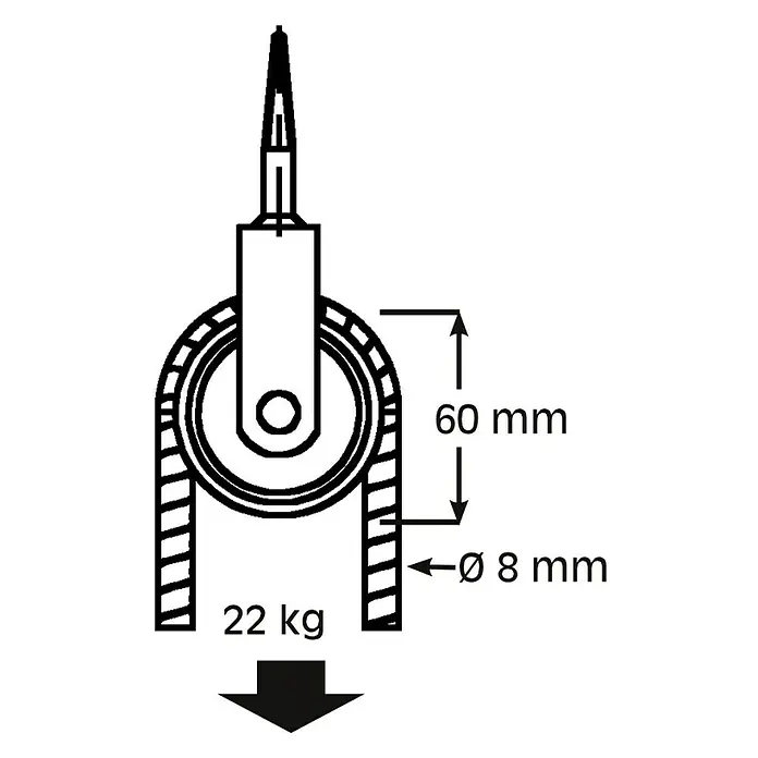 HBS Betz Seilrolle - Typ: Vogelseilrolle, Grauguss, Traglast: 22 kg, Durchmesser: 60 mm, 1 Stk. - Darstellung einer Rolle mit den Maßen 60 mm Höhe, 8 mm Durchmesser und einer Zugkraft von 22 kg.