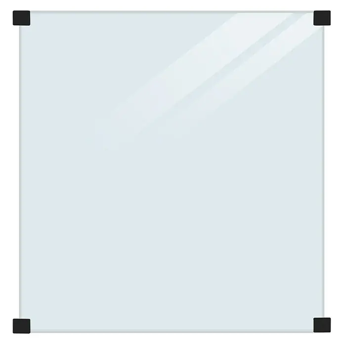 Plus Sichtschutzzaun für runde Pfosten - 90 x 91 cm, Transparent, 6 mm - Quadratischer, hellblauer Glasbilderrahmen mit glänzenden Akzenten und schwarzen Eckverbindungen. Ideal für moderne Inneneinrichtungen und Büros.