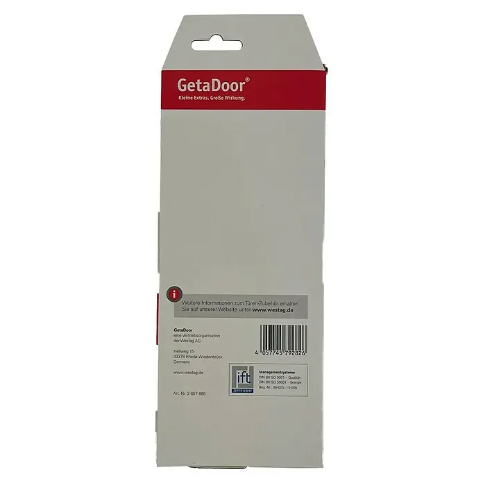 GetaDoor Umrüst-Set - Passend für: Standardinnentüren und -holzzargen mit Kunststoff-Falle - Hellgraue und rote "GetaDoor" Produktverpackung für Türzubehör, mit Aufhängeloch, Branding, Infos, Barcode und Zertifizierungen.