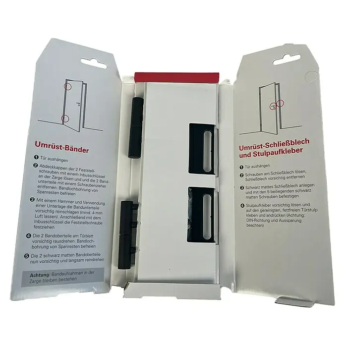 GetaDoor Umrüst-Set - Passend für: Standardinnentüren und -holzzargen mit Kunststoff-Falle - Set zur Umrüstung von Türbändern und Schließblech in Mattschwarz, mit Anleitungen in offener Verpackung.