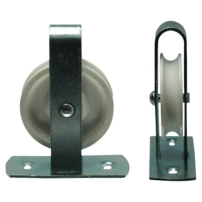 HBS Betz Seilrolle - Typ: Stehrolle, Polyamid, Traglast: 10 kg, Durchmesser: 40 mm, 2 Stk. - Zwei Ansichten einer weißen Seilrolle mit Metallhalterung zur sicheren Befestigung. Ideal für verschiedene Hebe- und Zuganwendungen.