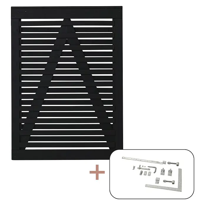 Plus Zauntor Osaka inkl. Beschläge - 100 x 136 cm, Schwarz (RAL 9005) - Eine schwarze Holzlattentür mit zugehörigem Beschlagsatz, ideal für den modernen Garten oder Hof. Solide und stilvoll.