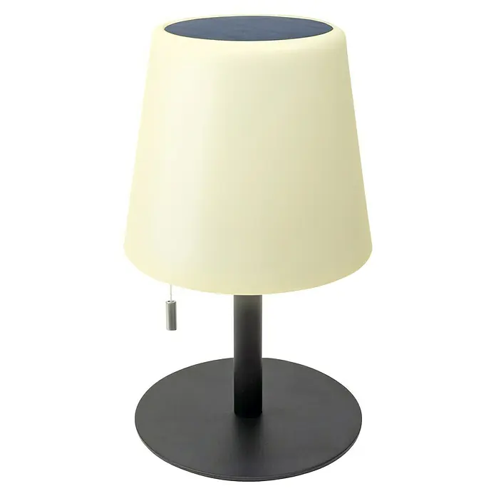 Schwaiger Akku-Tischleuchte - L x B x H: 15,3 x 15,3 x 25,5 cm, RGBW, IP44 - Cremefarbene konische Tischleuchte mit dunkelgrauem Fuß und Zugschalter. Dunkelblauer Akzent oben.
