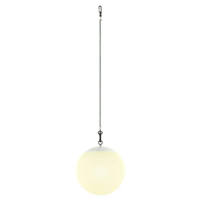 Schwaiger Akku-Pendelleuchte - L x B x H: 20 x 20 x 180 cm, Weiß, RGBW, IP44 - Weiße Scheiben-Hängeleuchte mit cremefarbenem Diffusor, aufgehängt an einem grauen Seil mit schwarzen und silbernen Metallbefestigungen.