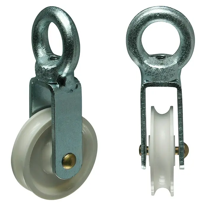 HBS Betz Seilrolle - Typ: Waschseilrolle, Polyamid, Traglast: 18 kg, Durchmesser: 48 mm, 1 Stk. - Zwei einzelne Rollenblöcke mit Öse. Das Gehäuse ist aus Metall und die Rolle aus weißem Kunststoff. Die Blöcke sind in verschiedenen Ausrichtungen dargestellt.