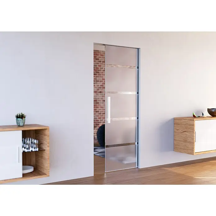 Entravia Griffleisten-Set - Silber, 400 x 37 mm - Moderne Glasschiebetür mit mattierten Querstreifen und Metallgriff, als Raumteiler.