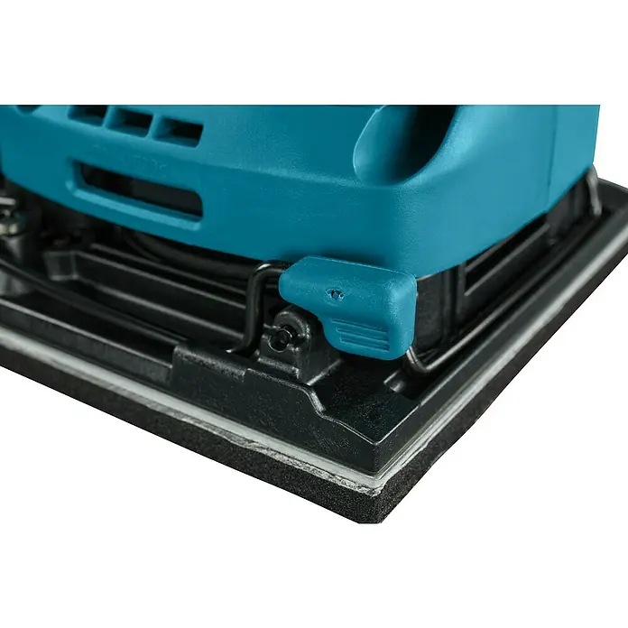 Makita LXT 18V Akku-Schwingschleifer DBO480Z - 18 V, Ohne Akku - Nahaufnahme einer oszillierenden Schleifmaschine, die Details des Geräts hervorhebt.