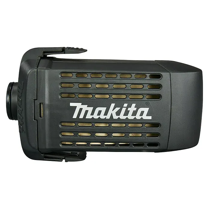 Makita LXT 18V Akku-Schwingschleifer DBO480Z - 18 V, Ohne Akku - Nahaufnahme eines Makita-Produkts mit Lüftungsschlitzen und dem Makita-Logo, das robuste Leistung und Zuverlässigkeit verspricht.