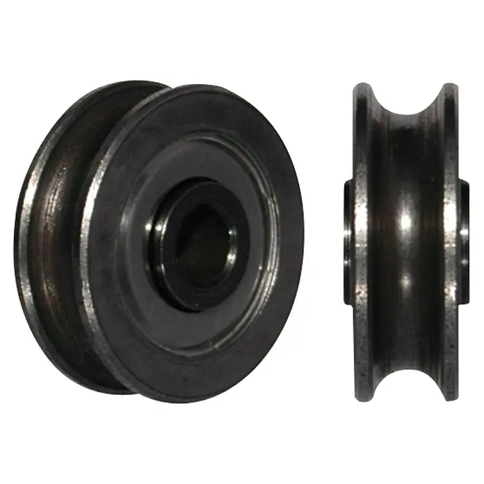 HBS Betz Seilrolle - Stahl, Traglast: 85 kg, Durchmesser: 40 mm, 2 Stk. - Ein Detailaufnahme von zwei V-Nut-Rollen aus Metall, die für reibungslose Bewegungen und als Maschinenelemente konzipiert wurden.