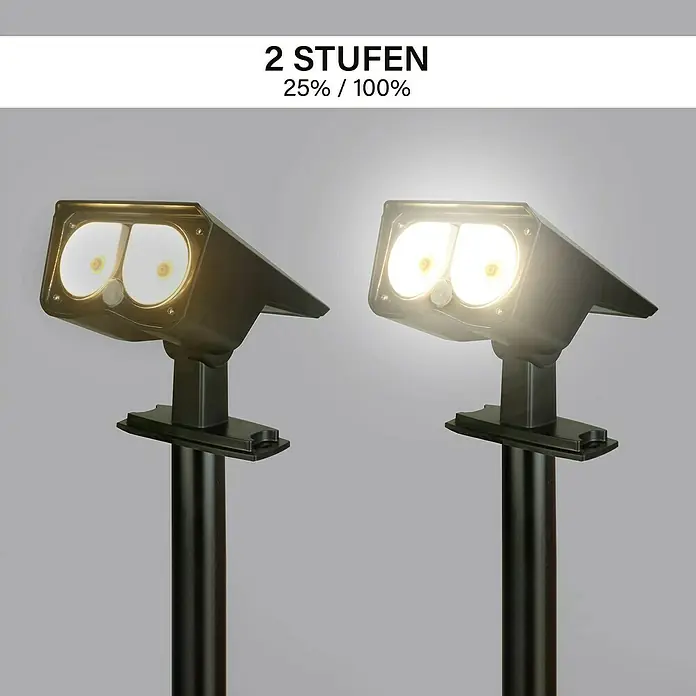 MegaLight Solar-Außenwandleuchte SolarSunowl - 1 W, L x B x H: 14,5 x 27,5 x 9,5 cm, Schwarz, IP65, 200 lm - Zwei schwarze LED-Außenleuchten mit zwei Helligkeitsstufen (25%/100%) auf Stäben. Ideal für die Gartenbeleuchtung.