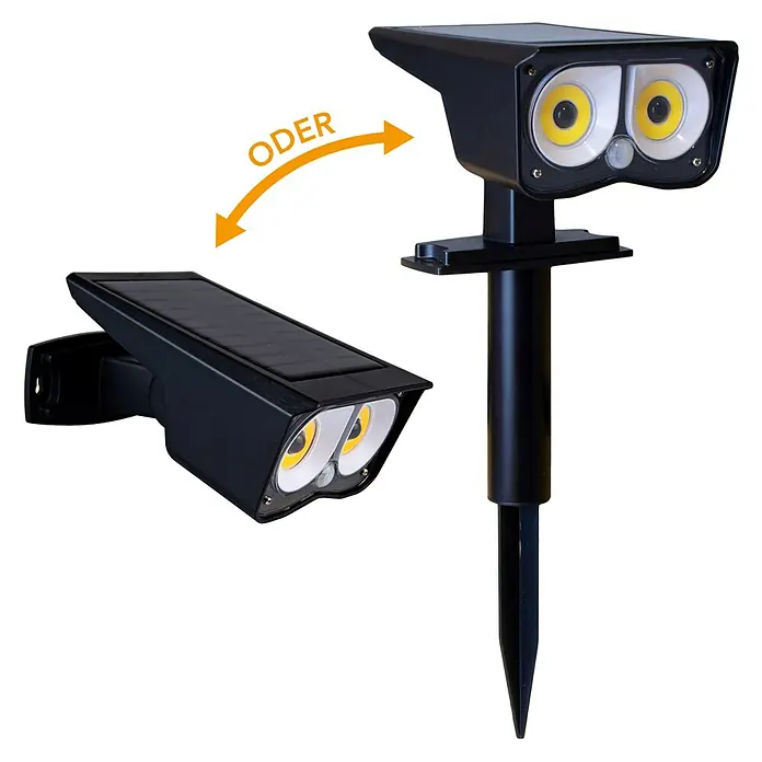 MegaLight Solar-Außenwandleuchte SolarSunowl - 1 W, L x B x H: 14,5 x 27,5 x 9,5 cm, Schwarz, IP65, 200 lm - Bild einer schwarzen Solarleuchte für den Garten, die entweder als Wandleuchte oder als Erdspieß verwendet werden kann.