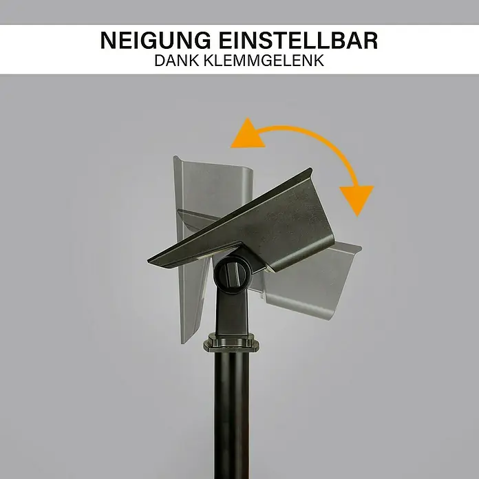 MegaLight Solar-Außenwandleuchte SolarSunowl - 1 W, L x B x H: 14,5 x 27,5 x 9,5 cm, Schwarz, IP65, 200 lm - Bild zeigt die Neigungsverstellung eines Ständers dank des Klemmgelenks. Der Ständer ist dunkel und vor einem grauen Hintergrund abgebildet.