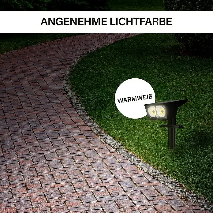 MegaLight Solar-Außenwandleuchte SolarSunowl - 1 W, L x B x H: 14,5 x 27,5 x 9,5 cm, Schwarz, IP65, 200 lm - Gartenweg mit warmweißer Solarleuchte.
