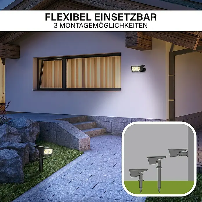MegaLight Solar-Außenwandleuchte SolarSunowl - 1 W, L x B x H: 14,5 x 27,5 x 9,5 cm, Schwarz, IP65, 200 lm - Bild einer flexibel einsetzbaren Außenleuchte mit 3 Montagemöglichkeiten.