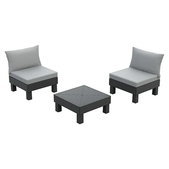 Keter Conjunto de muebles Elements - Número de personas máx.: 2, 3 pzs., Polipropileno, Negro/Gris - Imagen de un juego de patio gris, que incluye dos sillas con cojines claros y una mesa cuadrada con un patrón de vetas de madera en la superficie.