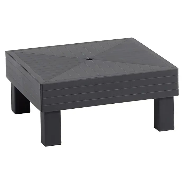 Keter Conjunto de muebles Elements II - Número de personas máx.: 5, 1 pzs., Polipropileno, Negro/Gris - Primer plano de una mesa de jardín cuadrada de antracita con una superficie acanalada y un orificio en el centro.