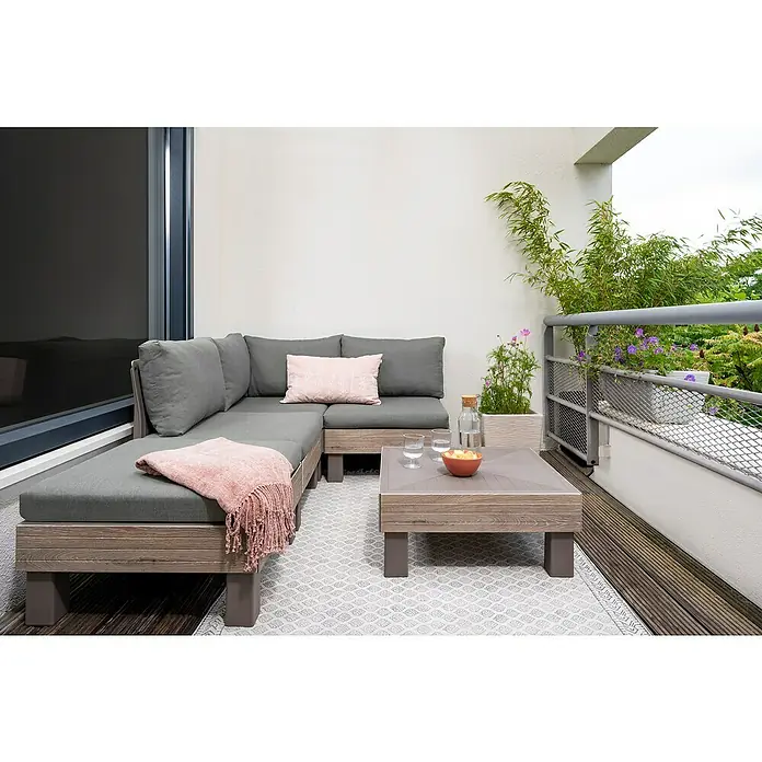Keter Elements Respaldo de respaldo con cojín - L x An x Al: 60 x 17 x 57 cm, Madera/Verde - Acogedora terraza con un conjunto de salón gris con toques de rosa claro y una elegante mesa de centro perfecta.