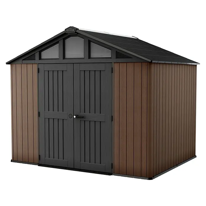 Keter Caseta de jardín Stronghold 2.0 - Medidas ext. (An x Pr): 305 x 243 cm, Plástico, Marrón/Negro, 7,4 m² - Caseta de jardín espaciosa con doble puerta y tragaluz para herramientas y equipos de jardín. El aspecto de madera se integra en el jardín.