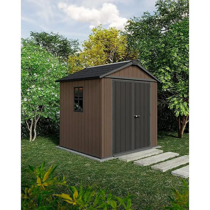 Keter Caseta de jardín Newton Plus 757-775 - Medidas ext. (An x Pr): 223 x 230 cm, Plástico, Marrón/Negro, 4,4 m² - Caseta de jardín de madera con puertas dobles y ventana. Ideal para guardar herramientas y muebles de jardín.