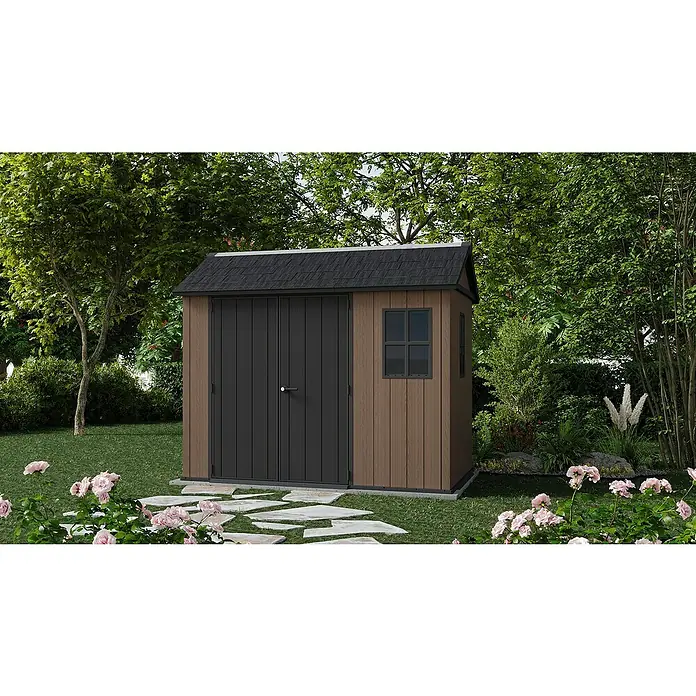 Keter Caseta de jardín Newton Plus 759-975 - Medidas ext. (An x Pr): 287 x 230 cm, Plástico, Marrón/Negro, 5,25 m² - Espacioso cobertizo de jardín con puertas dobles y ventana, ideal para guardar herramientas y equipos de jardín.