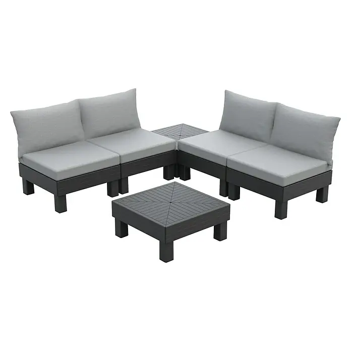 Keter Conjunto de muebles Elements - Número de personas máx.: 4, 6 pzs., Polipropileno, Negro/Gris - Elegante conjunto de sofá para exterior gris con cojines suaves y mesa a juego, perfecto para horas de relax al aire libre. Elegante y cómodo.